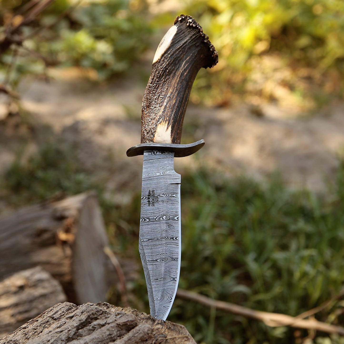 Wildfire Damascus Bowie Knife with Stag Antler Handle