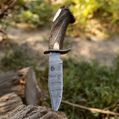 Wildfire Damascus Bowie Knife with Stag Antler Handle