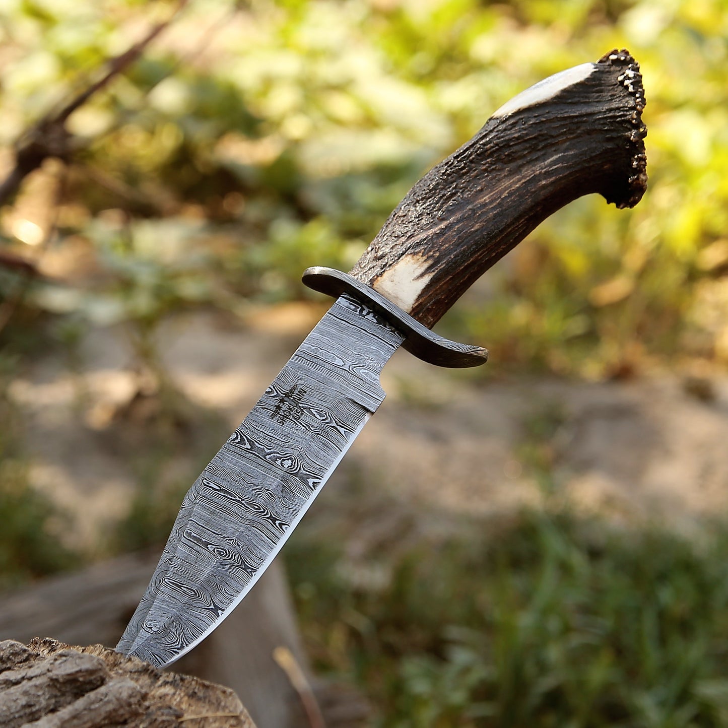 Wildfire Damascus Bowie Knife with Stag Antler Handle