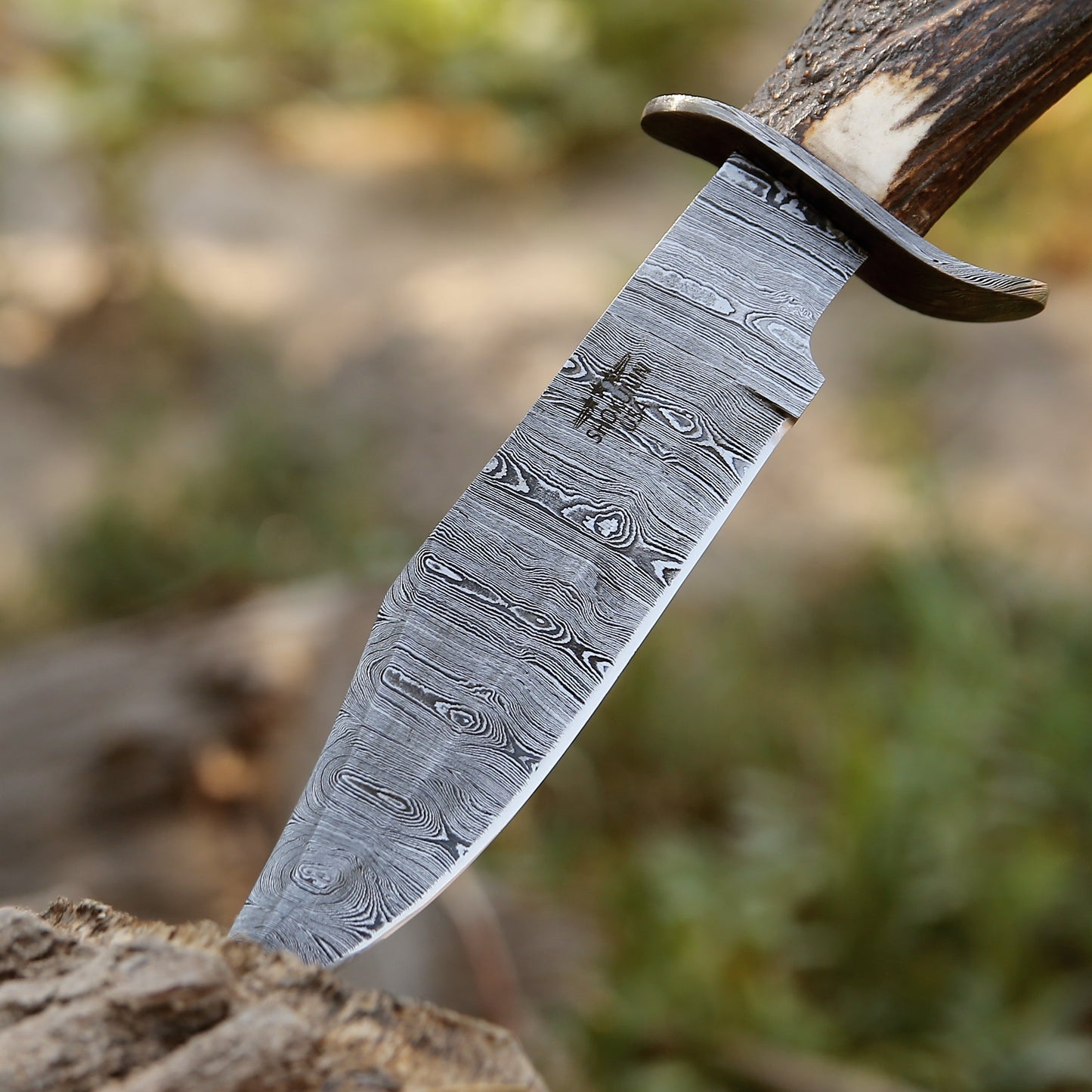 Wildfire Damascus Bowie Knife with Stag Antler Handle