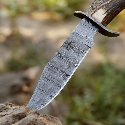 Wildfire Damascus Bowie Knife with Stag Antler Handle