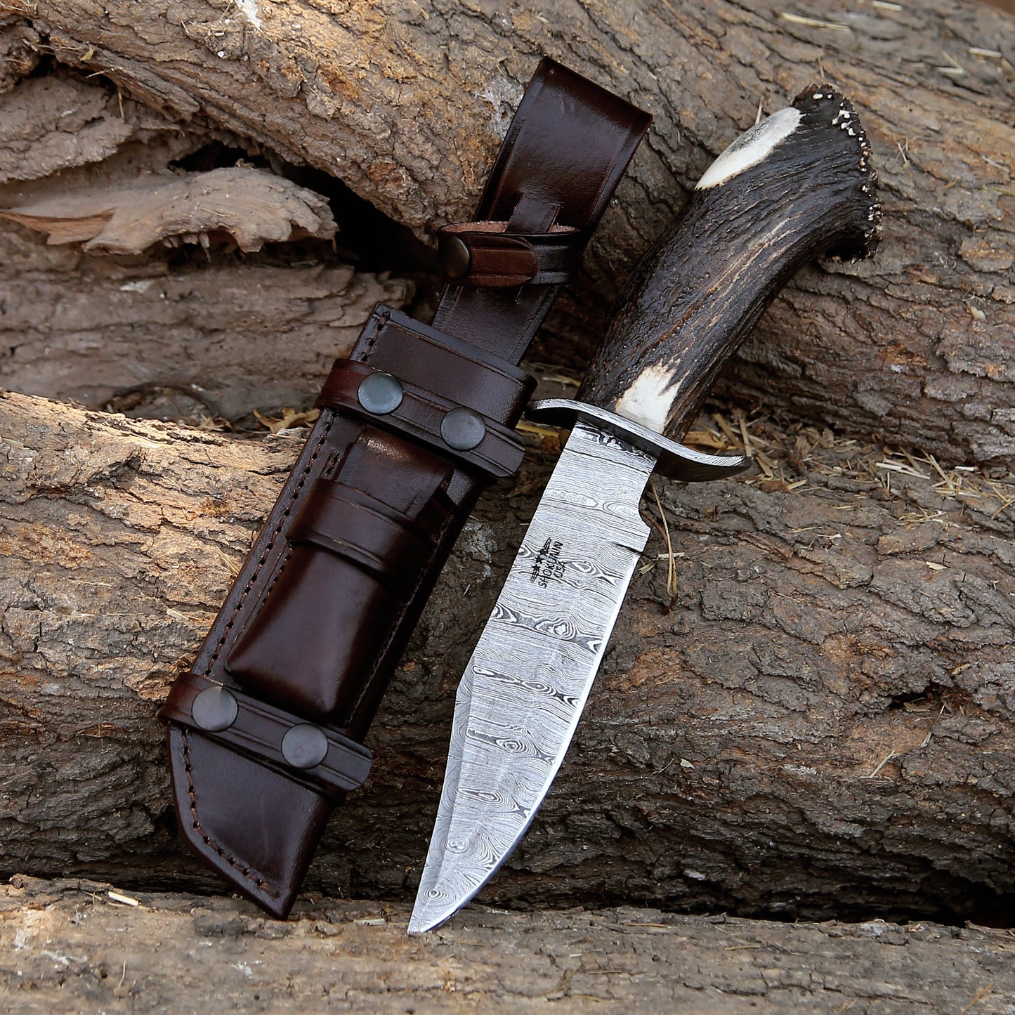 Wildfire Damascus Bowie Knife with Stag Antler Handle