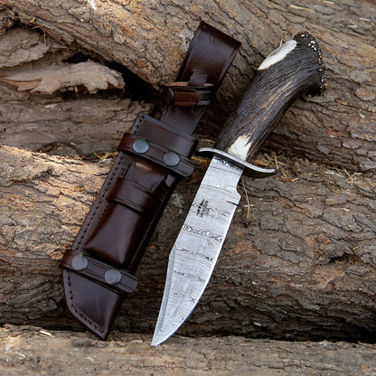 Wildfire Damascus Bowie Knife with Stag Antler Handle