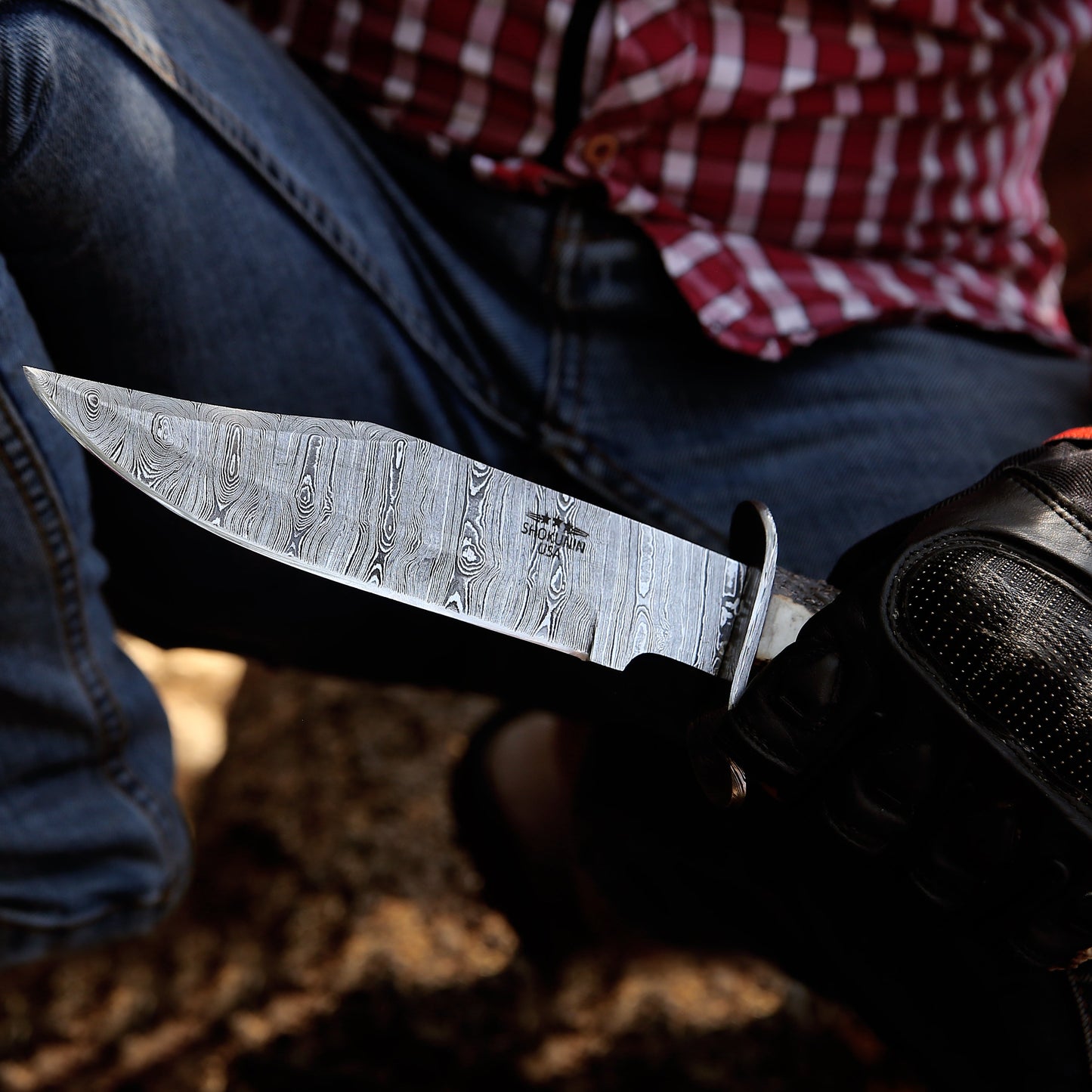 Wildfire Damascus Bowie Knife with Stag Antler Handle