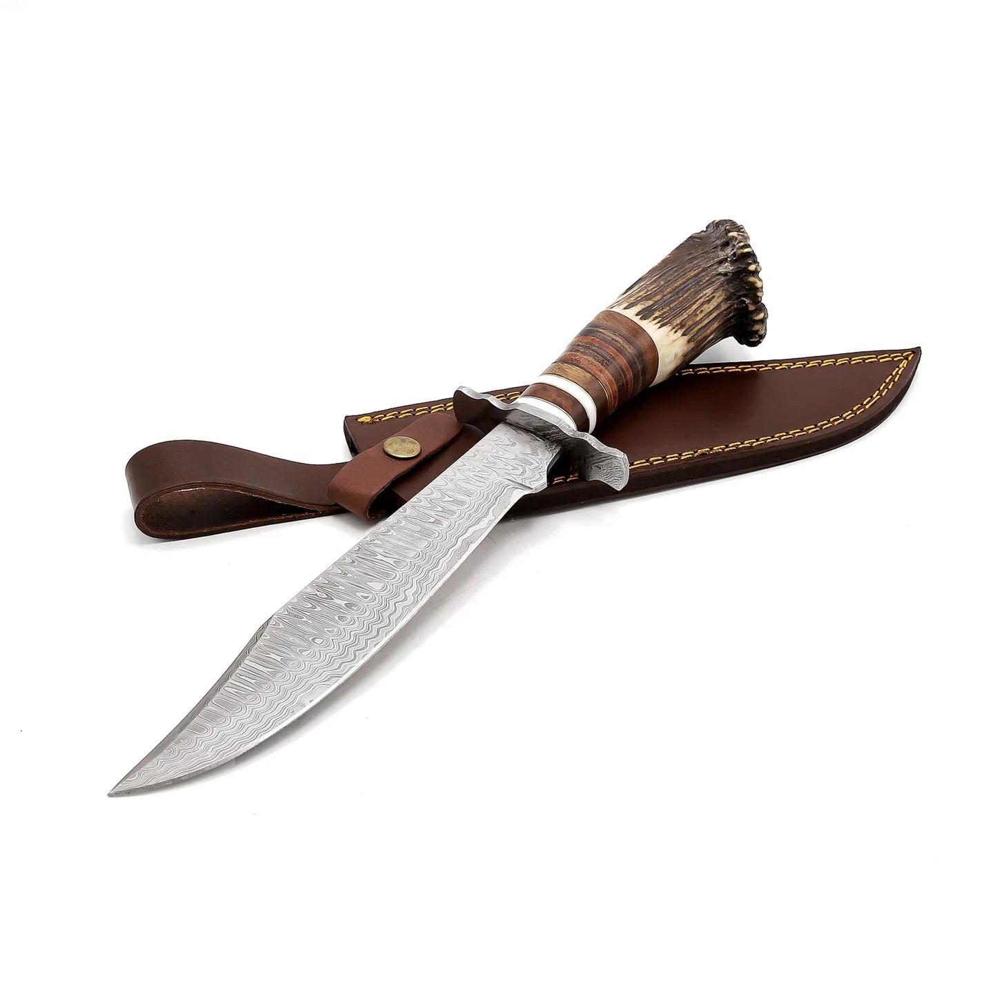 Χειροποίητο μαχαίρι κυνηγιού Bowie από ατσάλι Δαμασκού: Λαβή ελαφιού, δερμάτινη θήκη